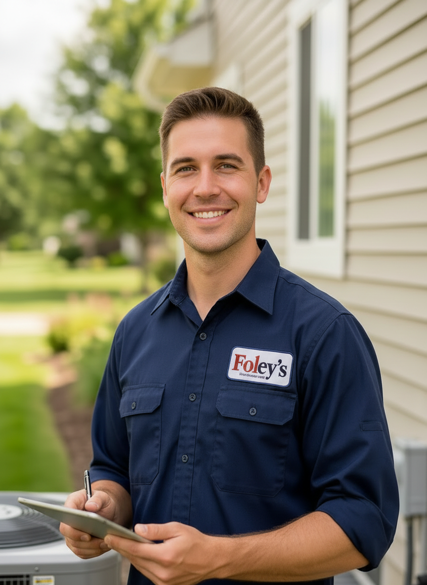 Foley's HVAC technician servicing a residential furnace in Sioux Falls